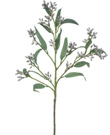 Il ramo artificiale della bacca di eucalipto grigio da 78 cm ha un unico ramo verde con foglie lunghe e strette e mazzi di piccoli boccioli grigiastri, raffigurati su uno sfondo bianco.