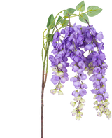 Fiore artificiale glicine 115 cm viola con fiori di glicine viola e foglie verdi su sfondo bianco.