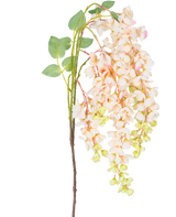 Il Fiore Artificiale Glicine Crema 100 cm ha un unico stelo con mazzi di fiori di glicine rosa chiaro e crema, boccioli verdi e foglie verdi su sfondo bianco.