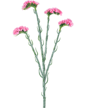 Il Ramo Artificiale Statice 64 cm rosa presenta tre steli verdi con piccole foglie arricciate, ciascuno terminante con mazzetti di delicati fiori rosa, isolati su fondo bianco.