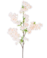 Un singolo ramo di ciliegio artificiale bianco/rosa da 100 cm con mazzi di fiori di ciliegio rosa chiaro e bianchi con foglie verdi, isolati su sfondo bianco.