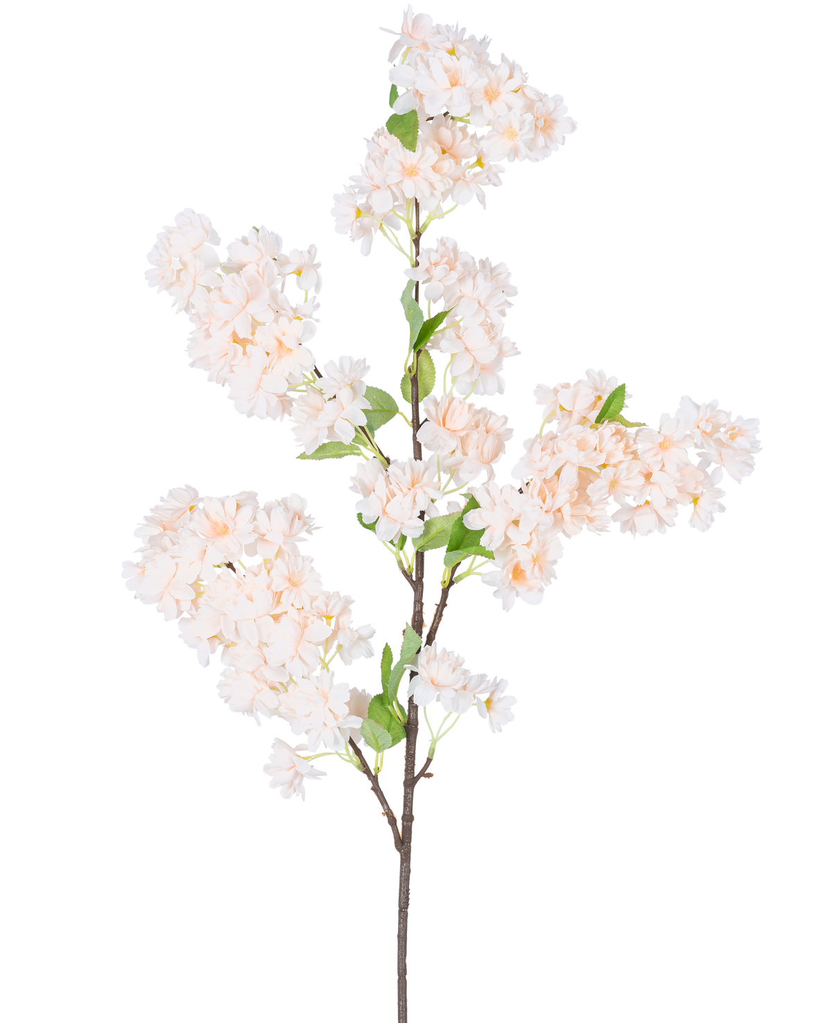 Un singolo ramo di ciliegio artificiale bianco/rosa da 100 cm con mazzi di fiori di ciliegio rosa chiaro e bianchi con foglie verdi, isolati su sfondo bianco.
