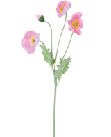 Papavero artificiale Real Touch Pink 60 cm: un papavero rosa realistico con tre fiori aperti e un bocciolo chiuso su steli verdi e foglie verde chiaro, raffigurato su uno sfondo bianco.