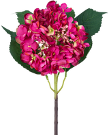 Un singolo fiore artificiale di ortensia da giardino di 61 cm di colore rosa e tre grandi foglie verdi su sfondo bianco.