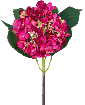 Un singolo fiore artificiale di ortensia da giardino di 61 cm di colore rosa e tre grandi foglie verdi su sfondo bianco.