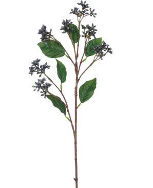Il Ramo Artificiale Bacche 64 cm blu acciaio ha un unico ramo artificiale con grappoli di piccole bacche blu acciaio e diverse foglie verdi su steli rosso-marroni, perfetti per la decorazione.