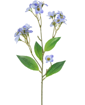 Un fiore artificiale di orchidea Real Touch Purple da 50 cm ha un unico stelo verde con diversi rami, ciascuno decorato con mazzi di piccoli fiori di orchidea viola chiaro e foglie verdi, su uno sfondo bianco.