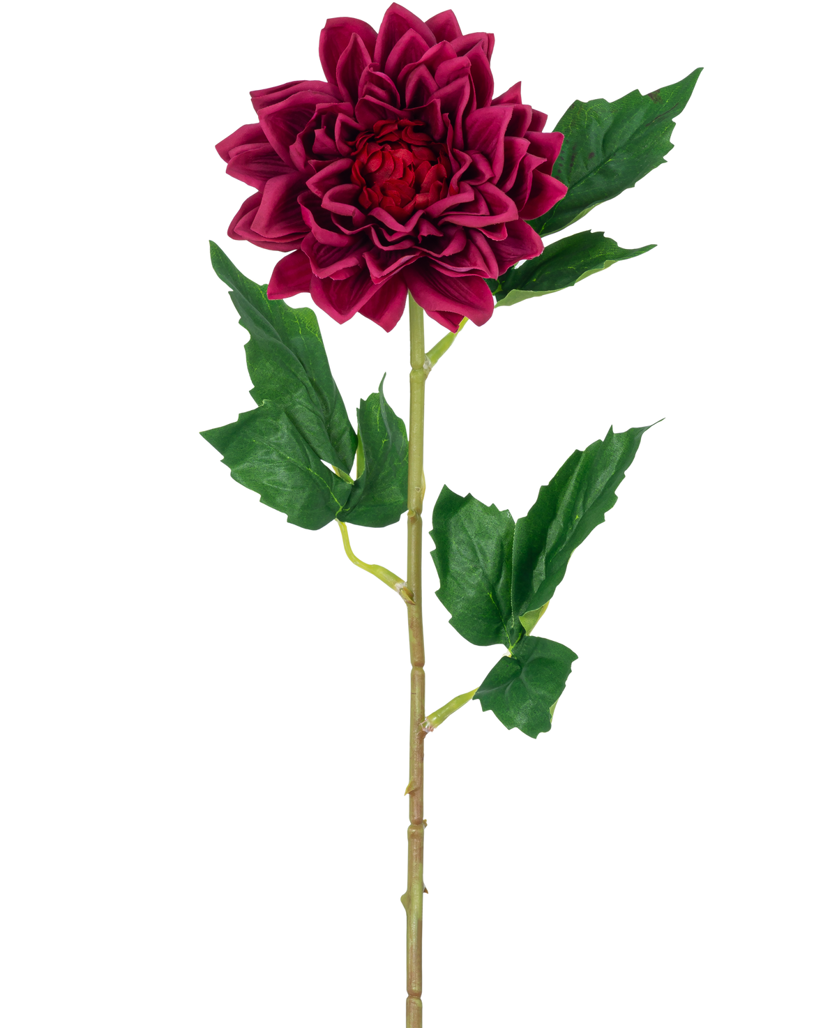 Il fiore artificiale Dalia Real Touch rosso scuro 54 cm ha un unico fiore dalia rosso intenso con foglie verdi su uno stelo, isolato su uno sfondo bianco.