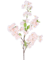 Un singolo fiore di ciliegio artificiale di 100 cm rosa chiaro ha mazzi di fiori di ciliegio rosa chiaro con foglie verdi su sfondo bianco.