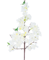 Il fiore di ciliegio artificiale in seta bianco da 95 cm ha un ramo singolo con mazzi di fiori di ciliegio artificiali bianchi e alcune foglie verdi, su uno sfondo bianco semplice.