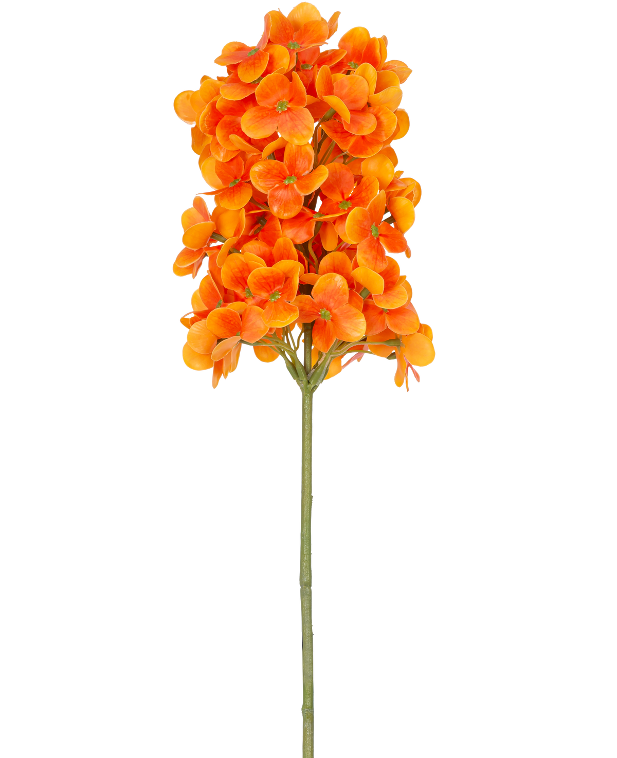Un singolo fiore artificiale Snowball Real Touch Orange, alto 58 cm, ha fiori raggruppati di colore arancione brillante su uno stelo verde, su uno sfondo bianco semplice.