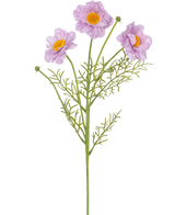 Il collare per rose artificiali Real Touch Purple da 50 cm ha un unico stelo verde con tre fiori viola chiaro con centri gialli e foglie leggerissime, su uno sfondo bianco.