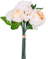 Un bouquet artificiale di fiori misti Real Touch Champagne 30 cm ha fiori artificiali realistici rosa e color pesca con foglie verdi e boccioli di loto, legati con una corda su uno sfondo bianco.