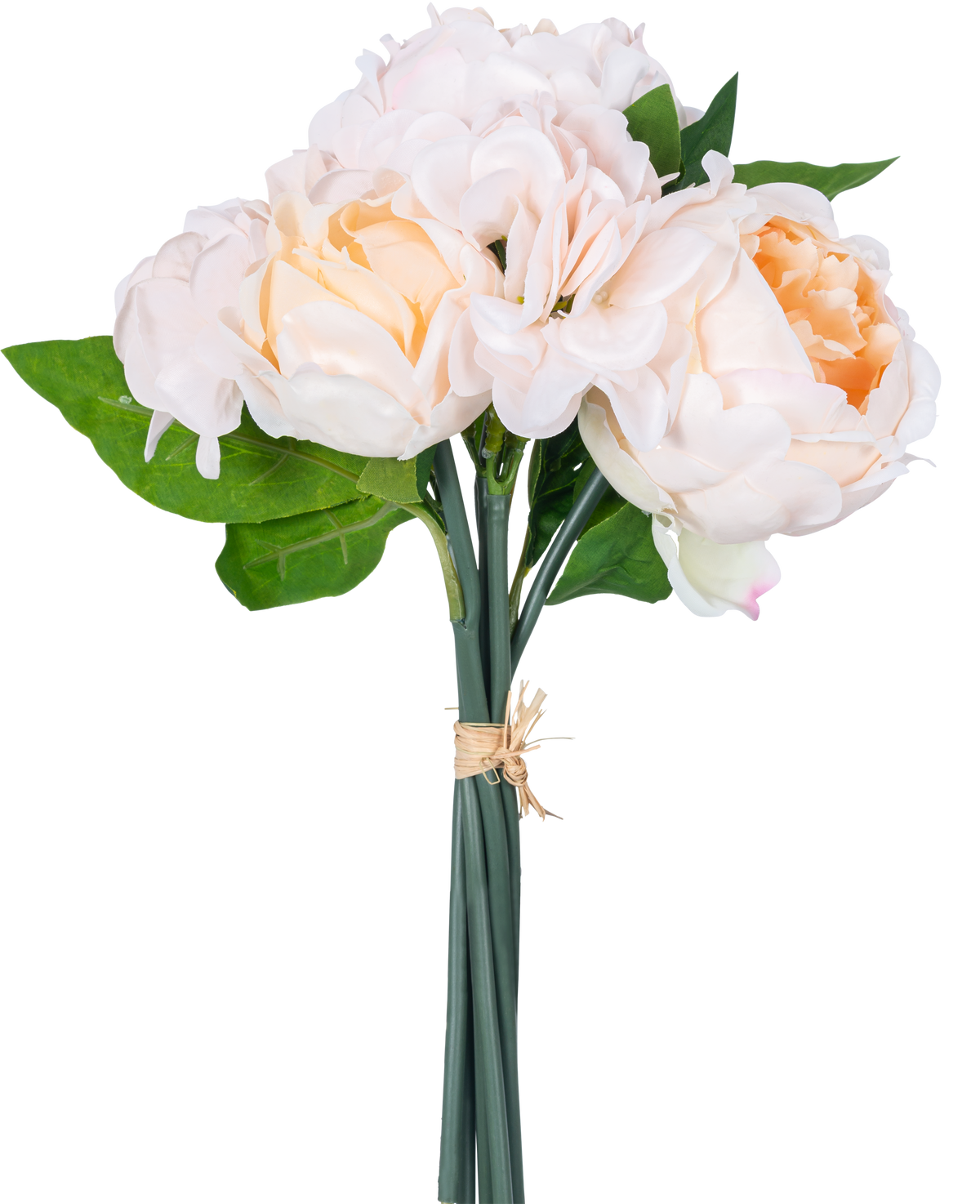 Un bouquet artificiale di fiori misti Real Touch Champagne 30 cm ha fiori artificiali realistici rosa e color pesca con foglie verdi e boccioli di loto, legati con una corda su uno sfondo bianco.