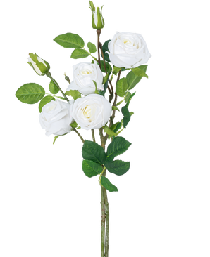Il ramo di rosa artificiale doppio Real Touch bianco da 80 cm ha uno stelo con tre rose artificiali bianche in fiore, foglie verdi e boccioli di rosa su uno sfondo bianco semplice.