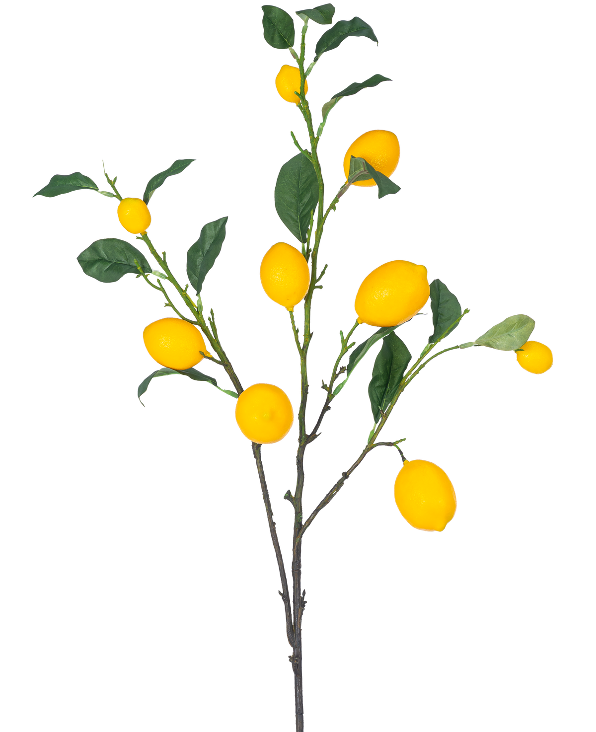 Il ramo artificiale di limone giallo da 104 cm ha un ramo con diversi limoni di colore giallo brillante e foglie verdi su sfondo bianco.