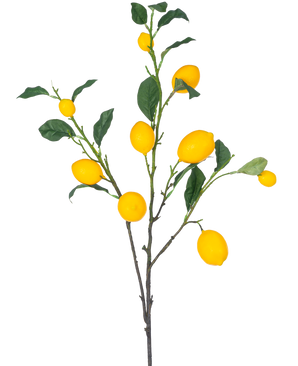 Il ramo artificiale di limone giallo da 104 cm ha un ramo con diversi limoni di colore giallo brillante e foglie verdi su sfondo bianco.