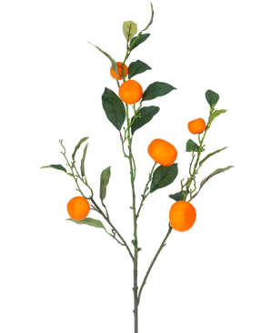 Un ramo artificiale di mandarino di 104 cm di colore arancione con foglie verdi e vivaci frutti arancioni simili a mandarini, su uno sfondo bianco semplice.
