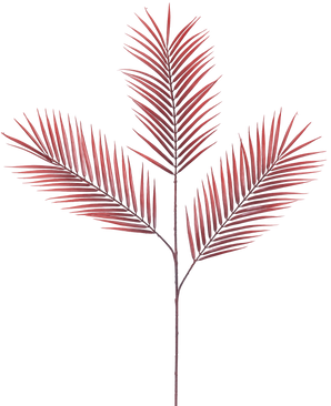 Il ramo artificiale di felce rossa da 100 cm ha cinque foglie di palma rosse lunghe e strette che si diffondono da un unico stelo, su uno sfondo bianco semplice.