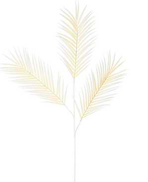 Il ramo artificiale di felce grande 101 cm bianco ha una delicata foglia di palma giallo chiaro con tre foglie ramificate su uno sfondo bianco semplice.