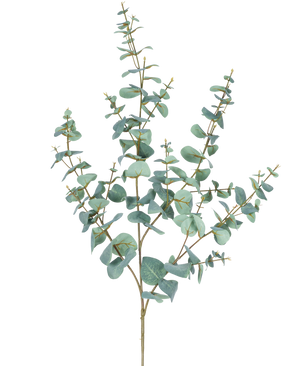 L'eucalipto artificiale da 120 cm ha diversi steli sottili e foglie rotonde di colore blu-verde su uno sfondo bianco semplice.