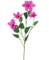 La clematide artificiale Real Touch Pink da 88 cm presenta un unico stelo verde con rami multipli, cinque fiori rosa vibranti e diverse foglie verdi ovali, il tutto splendidamente dettagliato e isolato su uno sfondo bianco.