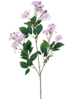 Un singolo fiore artificiale Lagerstroemia 92 cm viola con mazzi di fiori viola chiaro e diverse foglie verdi, su sfondo bianco semplice.