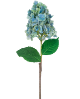 Un singolo stelo di ortensia artificiale di 93 cm blu con fiori di ortensia blu e verdi con foglie verdi lussureggianti, isolati su sfondo bianco.