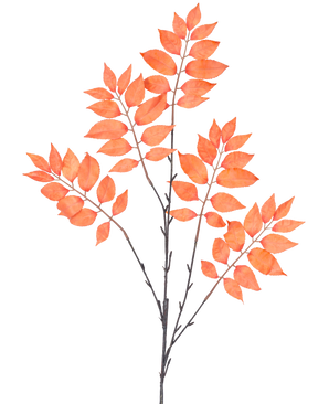 La felce artificiale ramificata di 83 cm di colore arancione ha tre mazzi di steli sottili e scuri con numerose foglie ovali rosso-arancio che sono simmetriche in una distesa aperta su uno sfondo bianco.