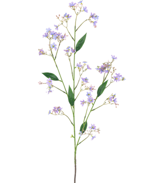 Il Ramo Artificiale Daphne Spray 108 cm viola ha un lungo stelo verde con più rami, ciascuno decorato con piccoli fiori viola e foglie verdi, su uno sfondo bianco semplice.