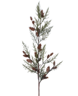 Il Ramo Artificiale Ago di Pino 85 cm verde presenta un ramo con sottili foglie aghiformi di colore verde e mazzetti di piccole pigne marroni, isolate su fondo bianco.