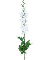 Un Delphinium Real Touch White artificiale da 90 cm con un lungo stelo con fiori bianchi di speronella e foglie verdi, isolato su uno sfondo bianco.