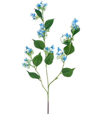 Il Fiore Artificiale Ortensia Selvatica 93 cm blu ha un unico stelo artificiale con più rami, foglie verdi e mazzi di piccoli e delicati fiori azzurri.