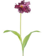 Il fiore artificiale Tulipano Parrocchetto Francese 76 cm viola è un singolo tulipano viola artificiale con volant nei petali e due foglie verdi allungate su un lungo stelo, su uno sfondo bianco semplice.