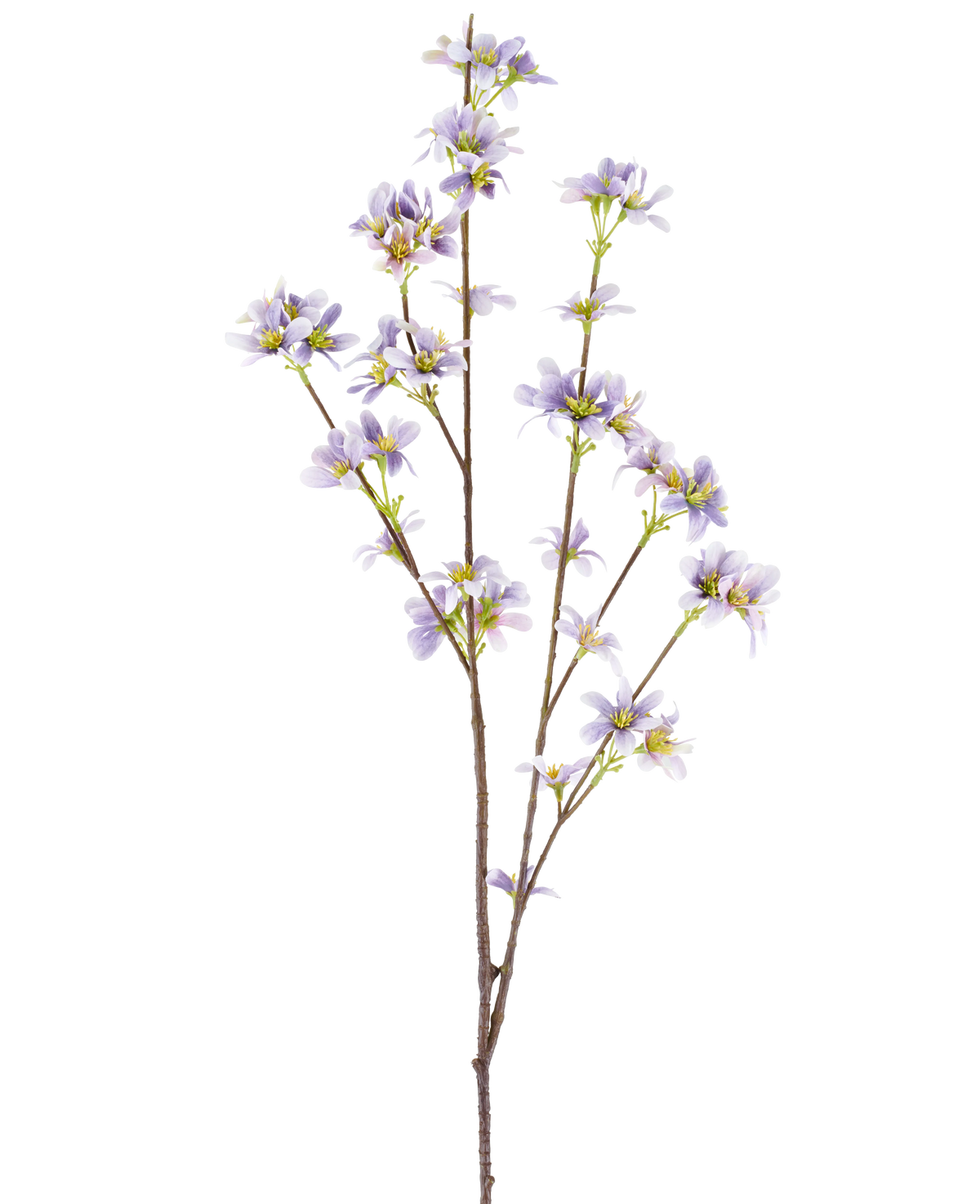 Un "ramo di fiore artificiale 112 cm viola" con un ramo fiorito con delicati fiori viola lavanda e centri gialli su sottili steli marroni, raffigurato su uno sfondo bianco.