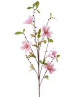 Un sottile ramo di magnolia artificiale di 94 cm in rosa antico, con diversi fiori di magnolia rosa e foglie verdi su uno sfondo bianco.