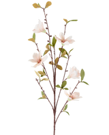 Un fiore artificiale di magnolia di 94 cm, color crema/marrone, con diversi fiori rosa chiaro e foglie verdi su sottili steli marroni, raffigurati su uno sfondo bianco semplice.