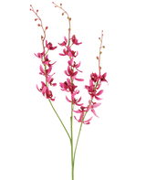 Tre steli del fiore artificiale Cymbidium di 95 cm in rosso bordeaux, con fiori vivaci e piccoli boccioli, su sfondo bianco.