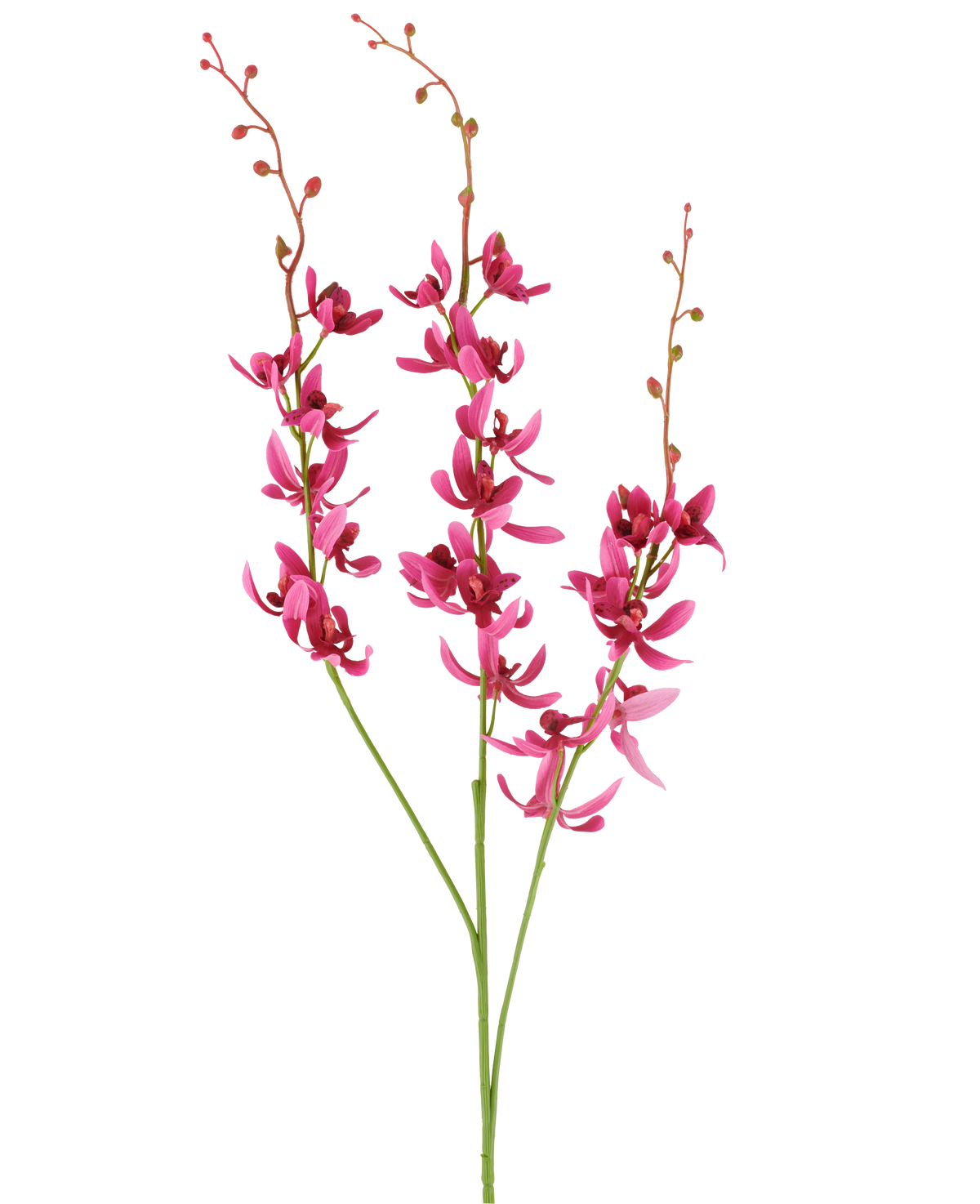 Tre steli del fiore artificiale Cymbidium di 95 cm in rosso bordeaux, con fiori vivaci e piccoli boccioli, su sfondo bianco.