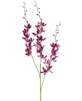 Tre lunghi steli del fiore artificiale Cymbidium di 95 cm in un viola vibrante, con piccoli boccioli verdi, su uno sfondo bianco semplice.