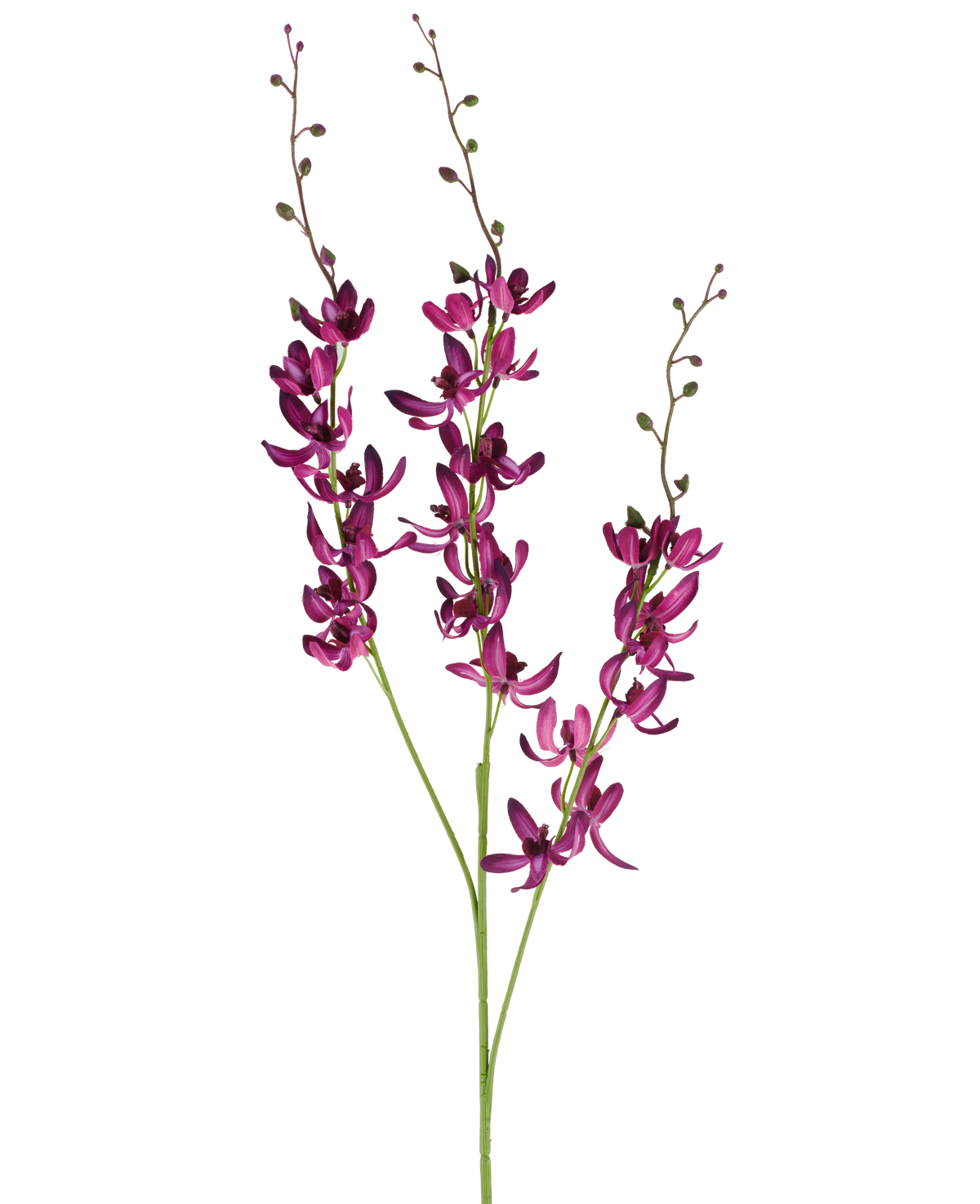 Tre lunghi steli del fiore artificiale Cymbidium di 95 cm in un viola vibrante, con piccoli boccioli verdi, su uno sfondo bianco semplice.