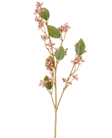 Un singolo stelo del fiore artificiale della bacca rossa, alto 78 cm in rosa antico, con foglie verdi e mazzi di piccole bacche rotonde rosa su sottili steli marroni, raffigurati su un semplice sfondo bianco.