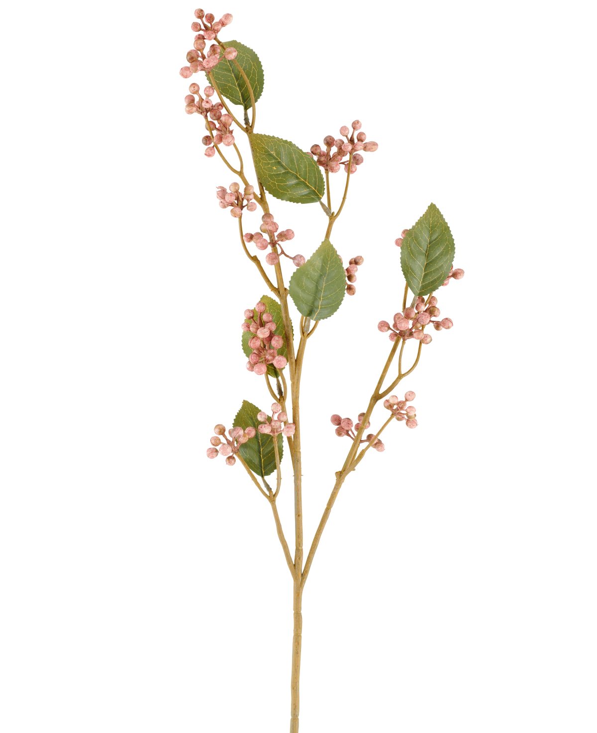 Un singolo stelo del fiore artificiale della bacca rossa, alto 78 cm in rosa antico, con foglie verdi e mazzi di piccole bacche rotonde rosa su sottili steli marroni, raffigurati su un semplice sfondo bianco.