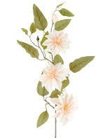 Un dettagliato fiore artificiale Clematide di 81 cm nel colore "crema antico" è composto da tre fiori rosa chiaro, varie foglie verdi e alcuni boccioli, su uno sfondo bianco semplice.