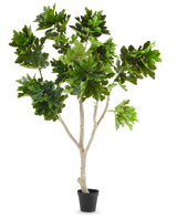 La pianta artificiale Ficus Carica fico 250 cm è un fico artificiale in vaso con molteplici rami marrone chiaro e mazzi di grandi foglie verdi lobate, presentate su uno sfondo bianco semplice.