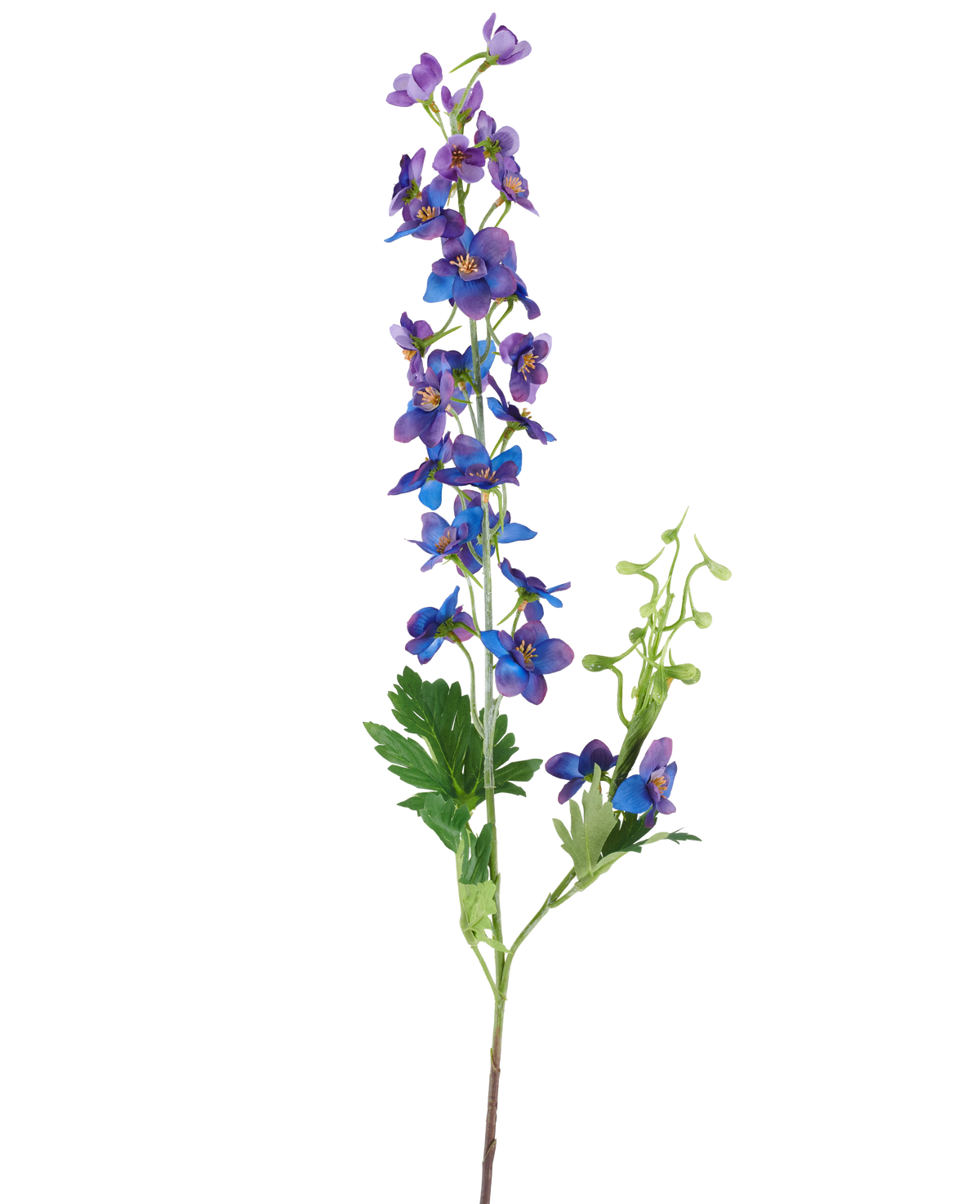 Un unico fiore artificiale Delphinium alto che misura 79 cm con uno stelo viola, caratterizzato da piccoli fiori viola e blu vivaci e foglie verdi su un semplice sfondo bianco.