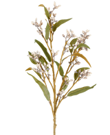 Un singolo stelo di eucalipto artificiale da 78 cm in crema/marrone, con diversi rami di foglie verdi e grappoli di piccoli fiori rotondi, raffigurati su un semplice sfondo bianco.