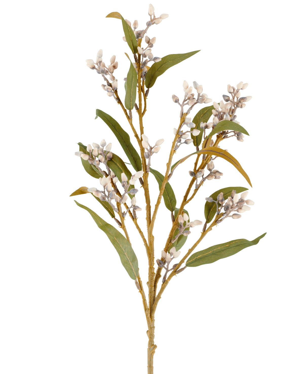 Un singolo stelo di eucalipto artificiale da 78 cm in crema/marrone, con diversi rami di foglie verdi e grappoli di piccoli fiori rotondi, raffigurati su un semplice sfondo bianco.