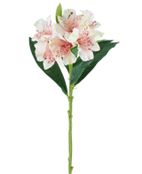 Un unico stelo del fiore artificiale Alstroemeria 74 cm rosa chiaro con foglie verdi e tre fiori rosa chiaro con macchie rosa scuro, su sfondo bianco.