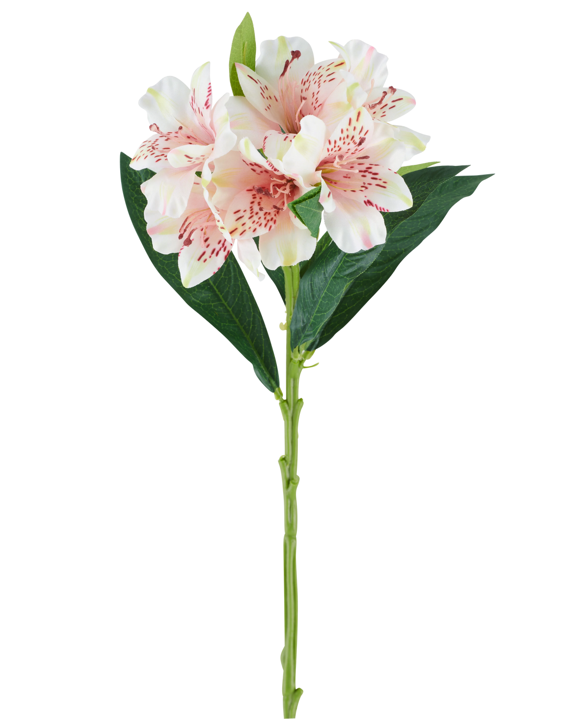 Un unico stelo del fiore artificiale Alstroemeria 74 cm rosa chiaro con foglie verdi e tre fiori rosa chiaro con macchie rosa scuro, su sfondo bianco.